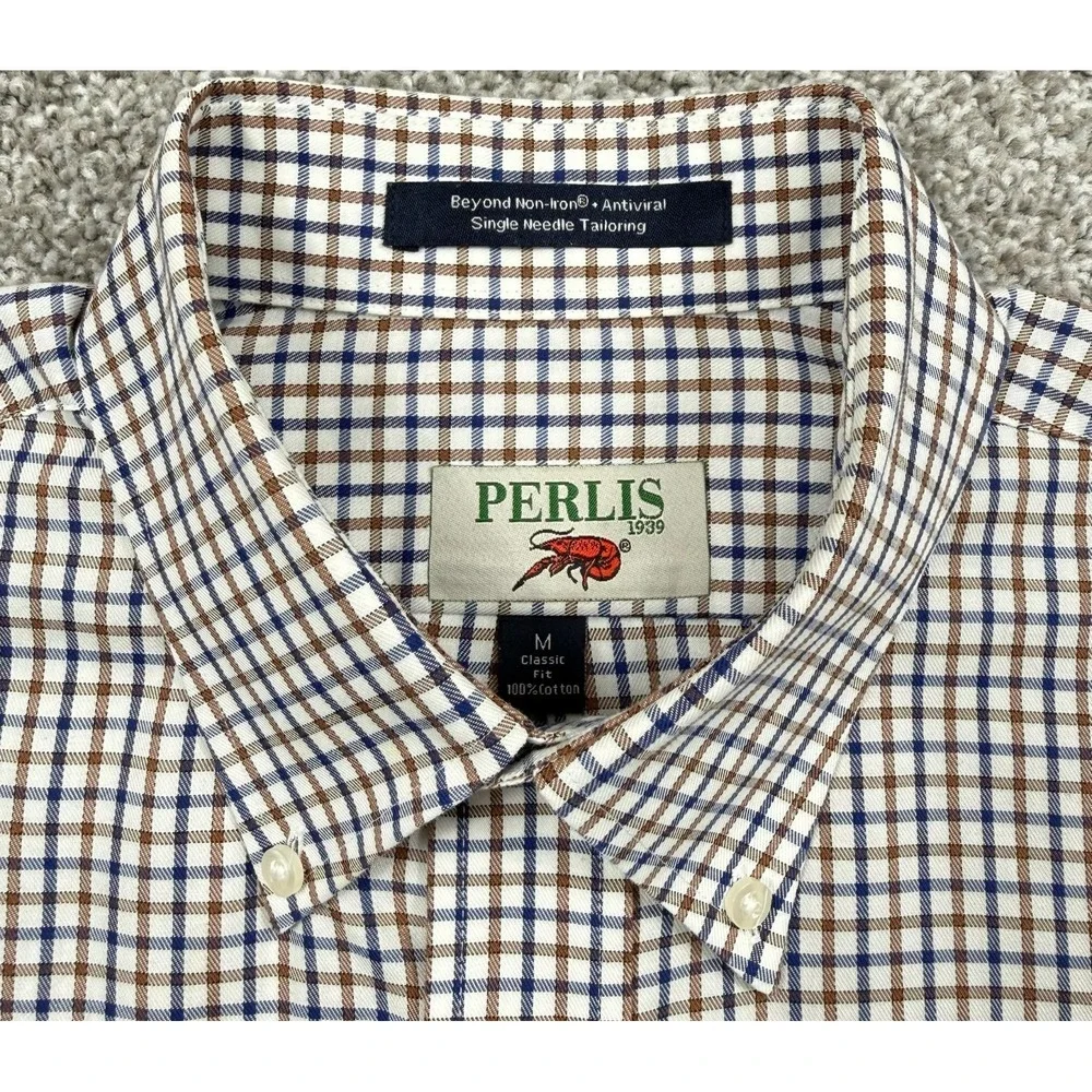 Perlis 1939 Mens M Button Down Shirt Blue Plaid Crawfish Classic Fit Cotton